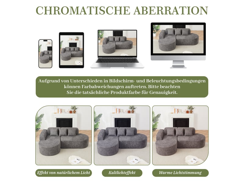 Canapé d’angle gauche en chenille avec chaise longue et 3 coussins de dossier, design arrondi anthracite  - Conforama E
