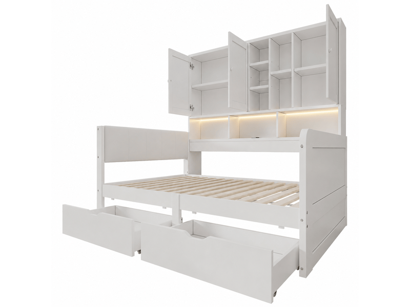  Lit enfant, lit coffre 90x200 avec éclairage led, ports de chargement usb et tiroirs, tête de lit rembourrée en pu, lit de jour, lit d'angle en bois, lit de jour avec étagères et placards, blanc  - Conforama E