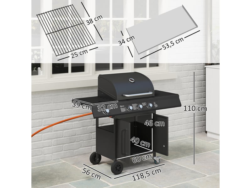  Barbecue à gaz mobile avec espace de rangement, tablette latérale, brûleur latéral, grille de maintien au chaud, thermomètre, acier inoxydable, noir  - Conforama E
