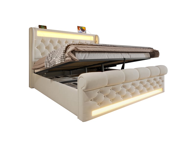  Lit coffre 160x200 cm velours beige avec tête de lit led, ports usb-c, rangements intégrés et matelas inclus  - Conforama A