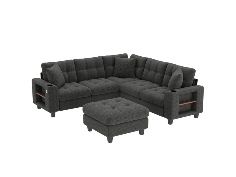 Canapé d'angle modulable xxl 6 places en ul, pouf mobile, accoudoirs bibliothèque, usbtype-c, chenille gris - Conforama A