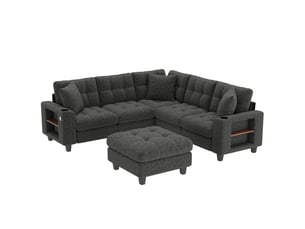 Canapé d'angle panoramique convertible <strong></strong> <strong></strong> 6 places Tissu gris avec coffre de rangement