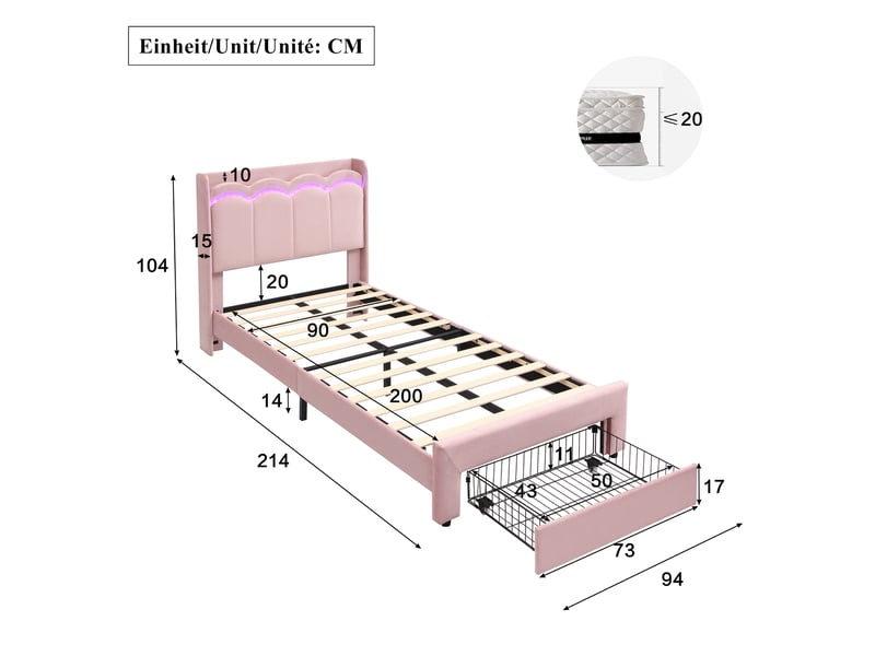  Lit enfant 90x200 cm avec tiroir, tête de lit ondulée, led pilotée par application, velours rose, sans matelas  - Conforama C