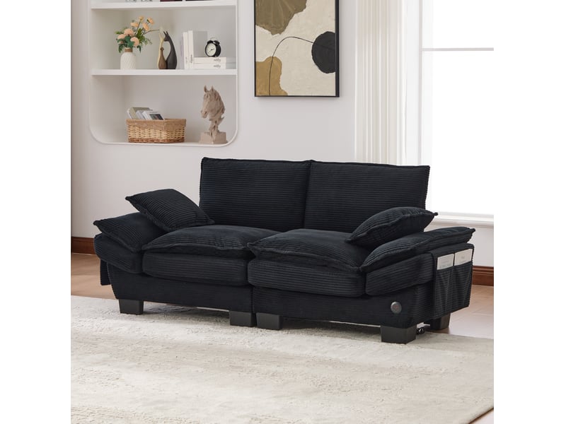  Canapé modulaire 2 places 190x73x84 cm en velours côtelé noir avec port usb-c, assise large et poches latérales  - Conforama D