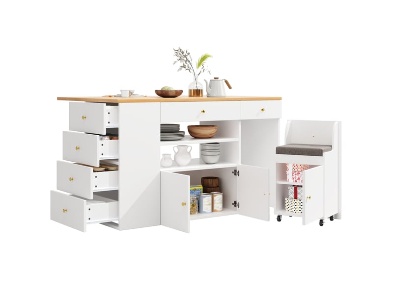 Îlot de cuisine avec 6 tiroirs, 2 niches ouvertes, placard et tabouret à roulettes pour cuisine en blanc - Conforama A