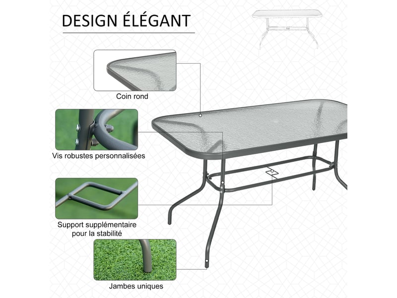 Table de jardin rectangulaire métal époxy plateau verre trempé gris - Conforama E