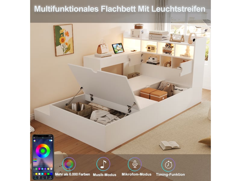  Lit simple multifonction 90x200 cm avec coffre hydraulique et 2 tiroirs, bureau intégré avec prise, tête de lit à rangements et led, mdf, blanc Morn Vibe - Conforama E