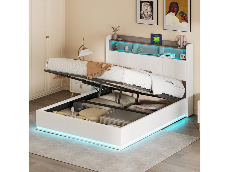  Lit 140x200cm  -  lit coffre 140x200cm  avec led - tête de lit avec rangement et éclairage - velours - beige - sans matelas  - Conforama B
