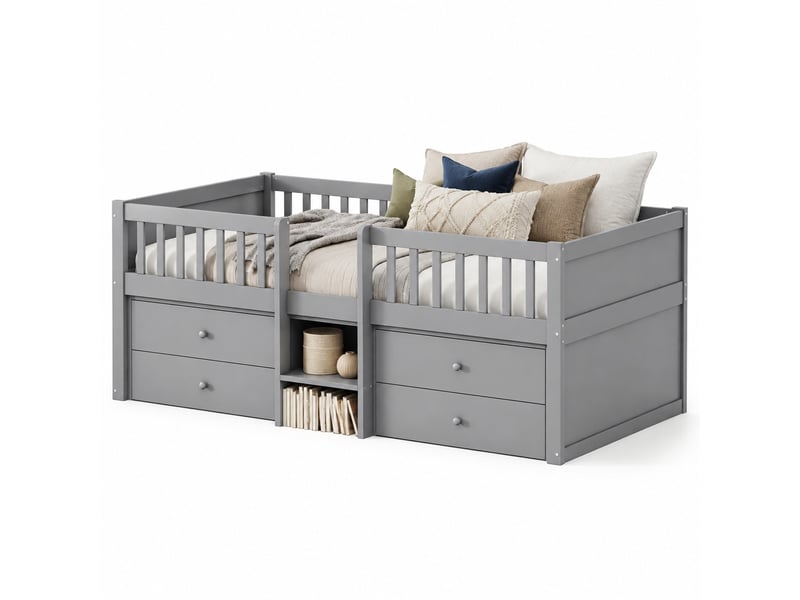 Lit enfant mi-haut 90x200 cm avec 4 tiroirs, échelle et barrières, en pin et mdf gris - Conforama A