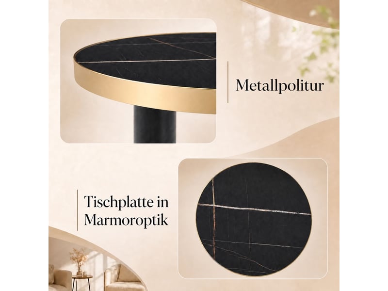  Table basse forme ronde plateau effet marbre bord doré structure métal noir et doré usage polyvalent  - Conforama E
