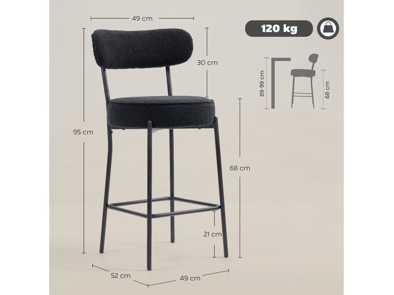  Lot de 2 tabourets de bar avec assise rembourrée, repose-pieds et patins réglables en polyester noir  - Conforama C