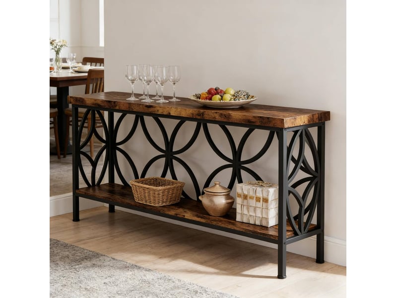  Console industrielle avec étagère ouverte et 2 niveaux pour entrée et salon, en métal et bois, noir, 160 × 29,5 × 80 cm  - Conforama C