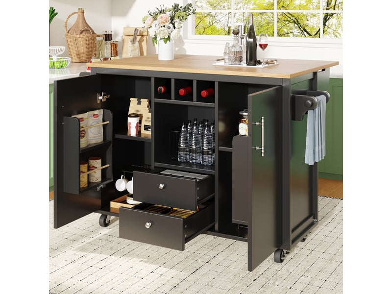  Îlot de cuisine noir et blanc avec plateau pliant, rangement pour vin et épices, 137x73x92 cm  - Conforama C