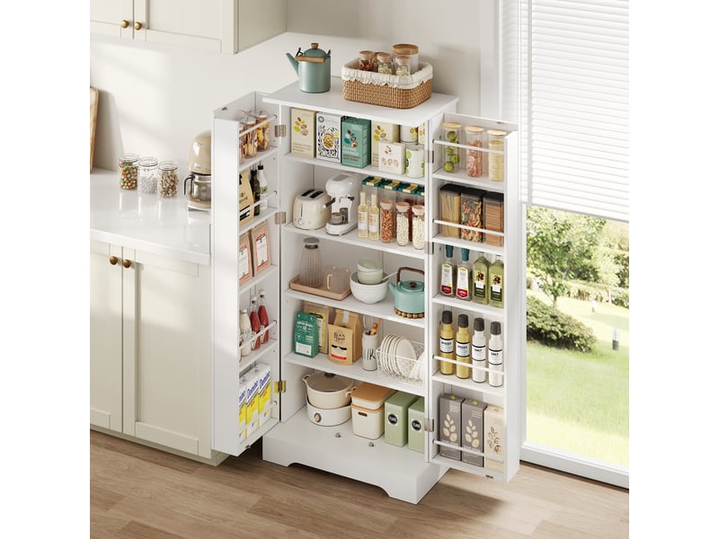  Meuble de cuisine armoire blanche avec éclairage led et étagères réglables, 60 × 35 × 128 cm  - Conforama D