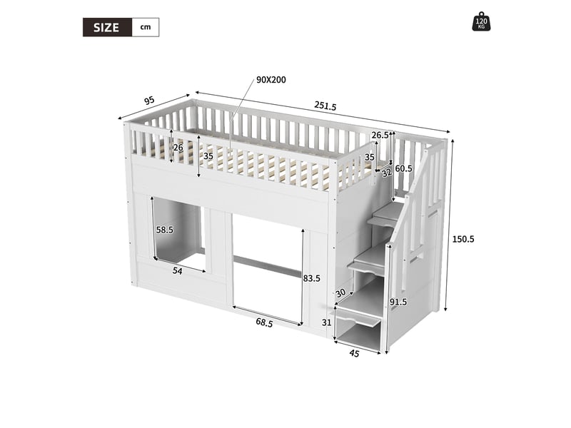  Lit superposé enfant 90x200 cm – blanc – escalier de rangement, espace de jeu modulable – sans matelas  - Conforama C