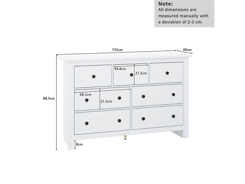  Commode 7 tiroirs 152x40x88,5 cm grande capacité, glissières soyeuses, style français, panneau de particules, blanc  - Conforama C