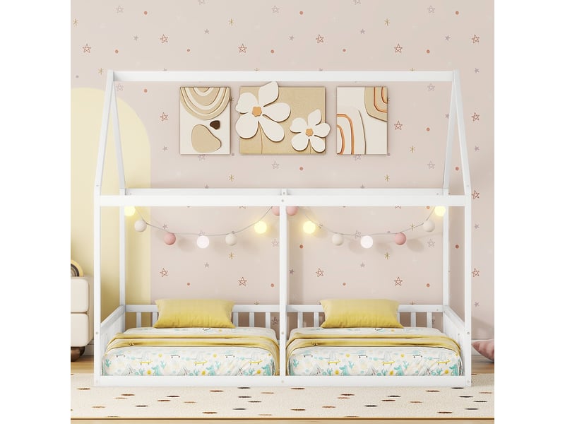  Lit cabane double enfant avec 2 couchages 90 x 200 cm côte à côte et barrières, pin et mdf, blanc Fay Lum - Conforama R