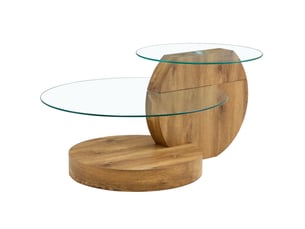 Table basse moderne en verre trempé 89,9x69,9x43,2 cm, design multi-niveaux, pour salon, mdf, transparent et naturel