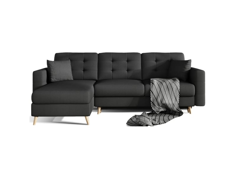  Canapé d'angle convertible hasgard 3 places noir 248x162 cm – coffre et pieds bois  - Conforama A