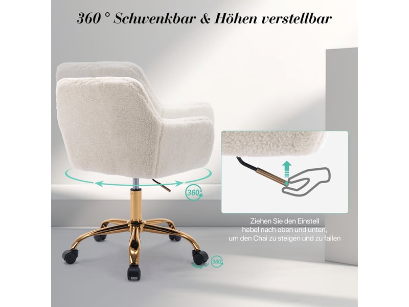  Chaise de bureau - 54.9x39.8x84.3cm - pivotante en tissu bouclé, hauteur réglable, fauteuil pied métal doré - blanc cassé  - Conforama D