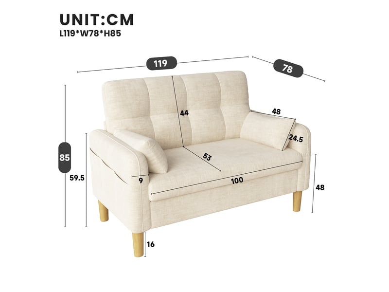 Canapé 2 places moderne 119x78x85 cm, 2 coussins, poche de rangement latérale, tissu chenille, pour petits espaces - beige - Conforama D
