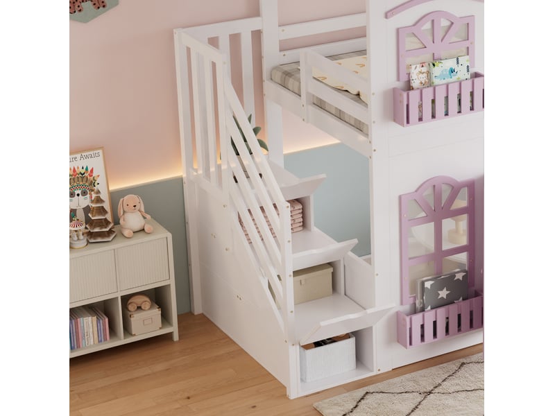  Lit mezzanine enfant 90x200 cm avec escalier de rangement blanc et rose  - Conforama D