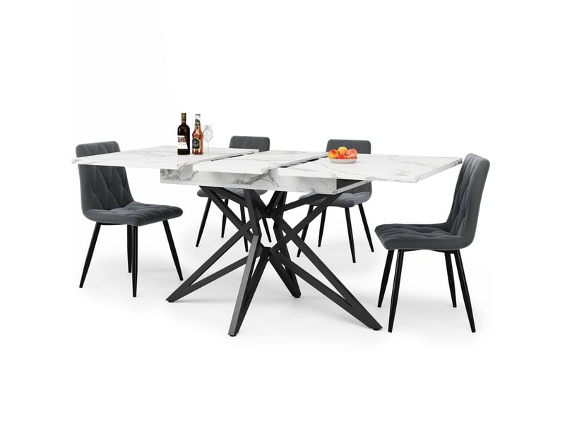  Table repas extensible avec 4 chaises, effet marbre blanc et velours gris foncé evryae  - Conforama A
