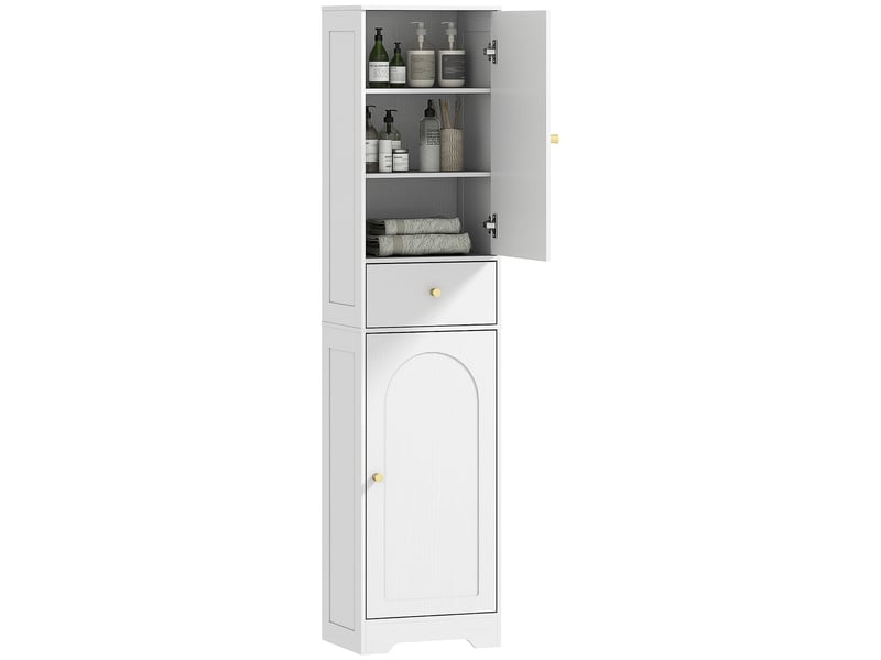  Armoire de salle de bain haute, meuble de rangement avec tiroirs et étagères réglables, 40 x 29,5 x 170 cm, blanche  - Conforama A