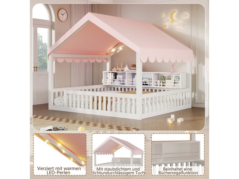  Lit cabane 140x200 cm en bois blanc avec ciel de lit, guirlande led, bibliothèque et barrières de sécurité  - Conforama E