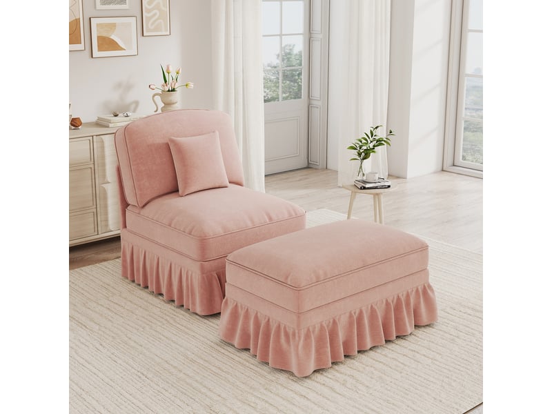  Fauteuil avec pouf et jupe amovible  - dossier segmenté, coussin mobile, chenille rose  - Conforama C