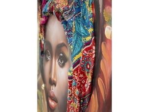 Tableau sur toile deva b avec cadre, portrait féminin au turban multicolore