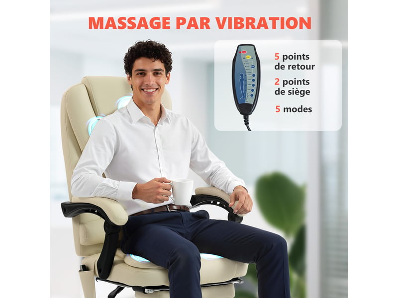 Fauteuil de bureau massant, chaise de bureau avec hauteur réglable, dossier inclinable et télécommande filaire, beige - Conforama E
