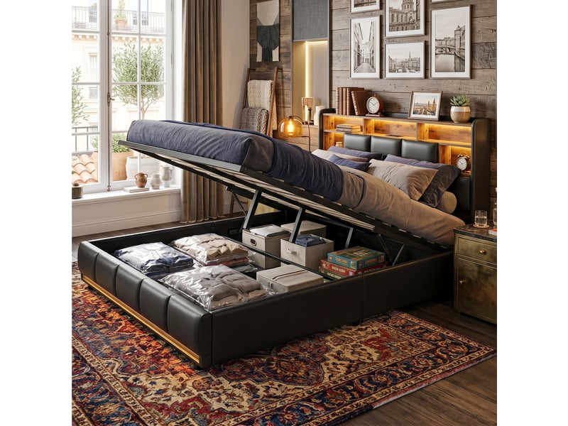  Dreammespace lit coffre 140x190 cm - lit adulte 2 places avec rangement prises et led tête de lit rabattable, métal et simili cuir pu noir DreamMespace - Conforama C