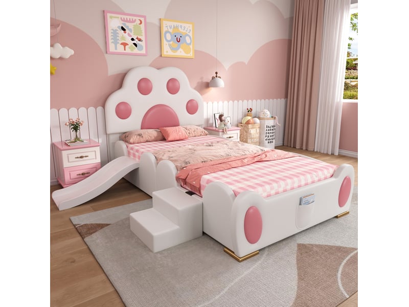  Lit enfant 90x200 cm avec toboggan et échelle, revêtement pu blanc et rose  - Conforama B