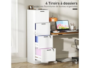 Caisson bureau, meuble rangement bois 4 tiroirs et serrure, barres de suspension réglables, blanc, 40 x 40 x 131 cm