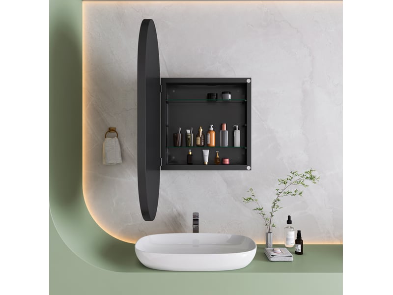  Armoire de toilette miroir ovale 85x51,5x12 cm, pose murale ou encastrée, 2 tablettes en verre, métal noir  - Conforama E