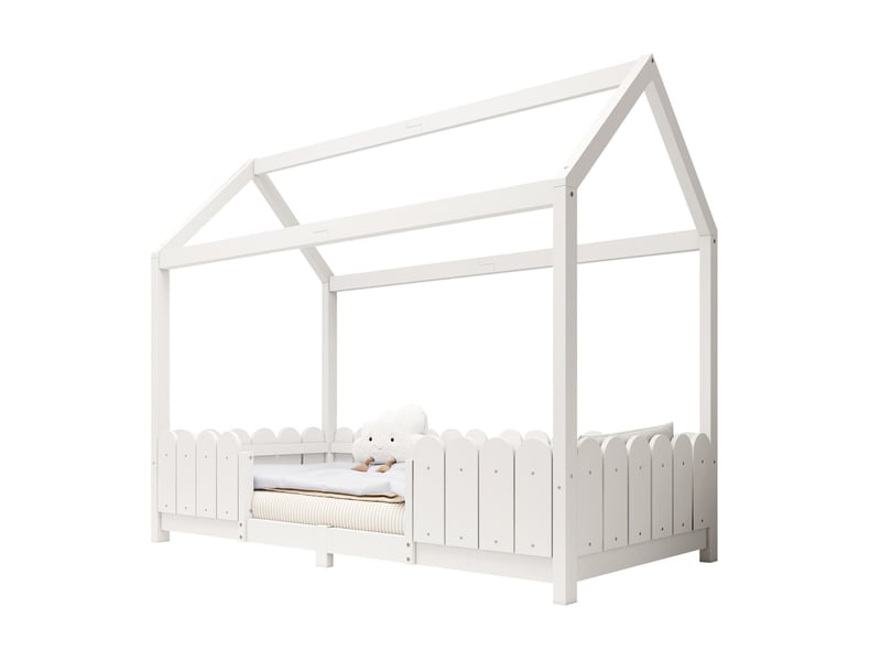  Lit cabane enfant 90 x 200 cm blanc, bois de pin et mdf avec barrière de sécurité et sommier à lattes  - Conforama A