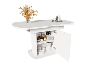 Table de salle à manger ovale extensible 110 à 130 cm blanche et dorée avec rangements intégrés, style moderne