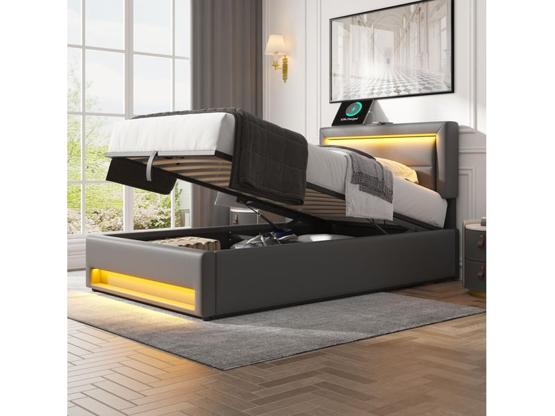  Lit coffre 90x190cm, sommier, tête de lit réglable, lit simple, avec éclairage led intégrée, rangement, pu gris, sans matelas  - Conforama E
