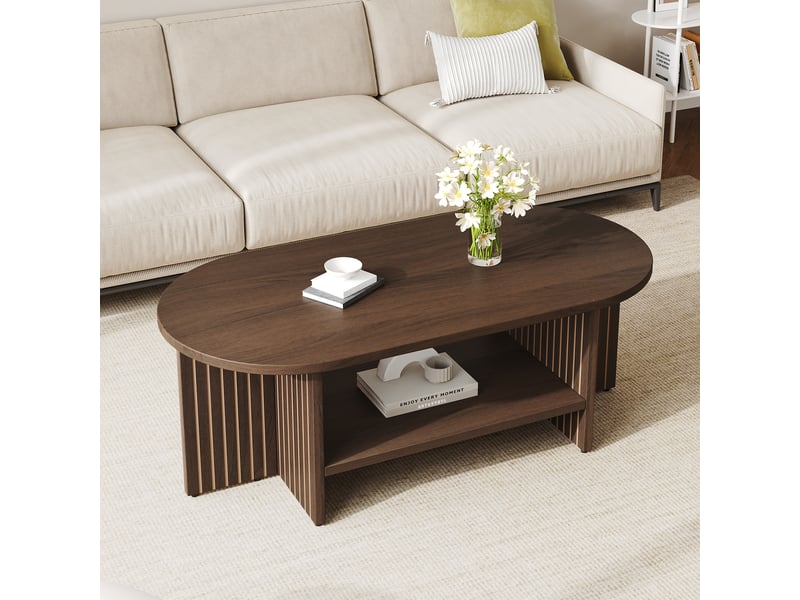  Table basse ovale 100x49x35 cm, étagère de rangement, design cannelé, mdf, noyer OMNIGLINT TRADING LTD - Conforama D