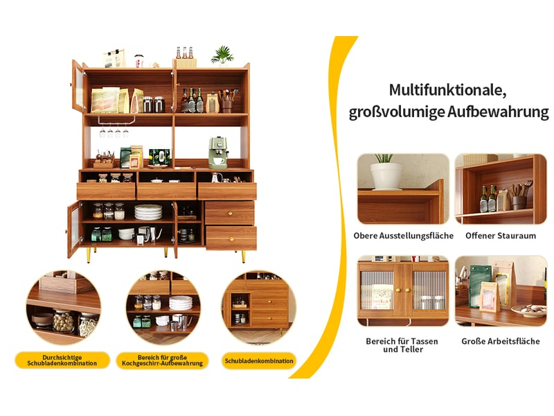  Buffet haut aspect bois et décor doré, 145x39x171 cm, mdf, verre cannelé, porte-verres et rangement pour salle à manger  - Conforama E