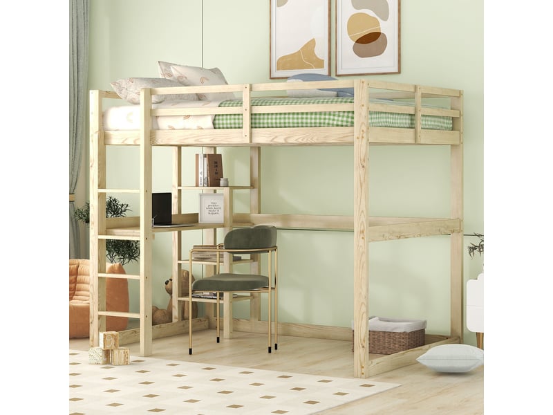  Lit enfant mezzanine 140 x 200 cm, pin, 4 étagères, bureau, naturel  - Conforama D