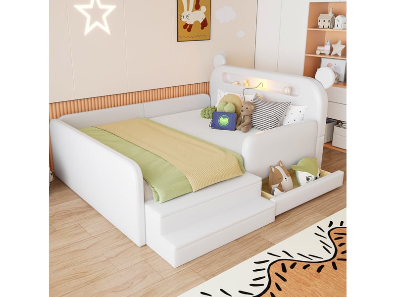  Lit enfant 140x200 cm blanc en cuir régénéré, tête de lit ours avec veilleuse, usb et rangement, sans matelas  - Conforama B