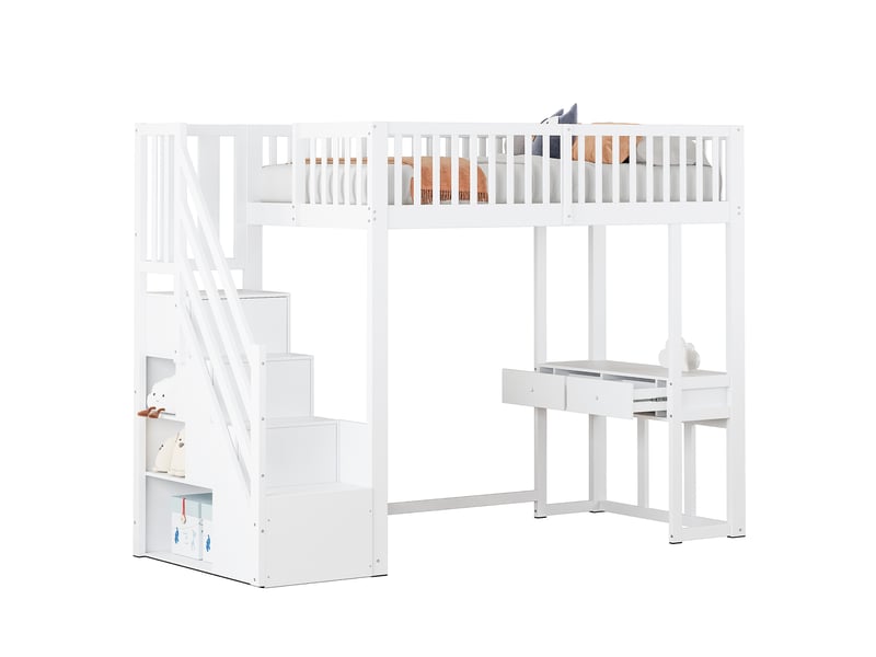  Lit mezzanine enfant 200×90 cm avec bureau multifonction et escalier de rangement, en pin et panneaux blancs  - Conforama A