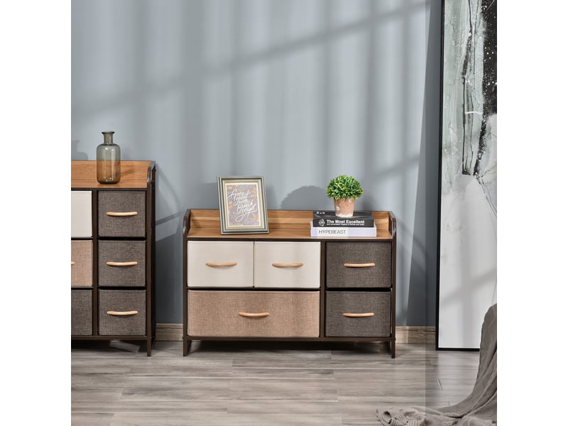  Commode meuble de rangement 5 tiroirs en tissu 87,5 x 29 x 58 cm marron et beige  - Conforama D