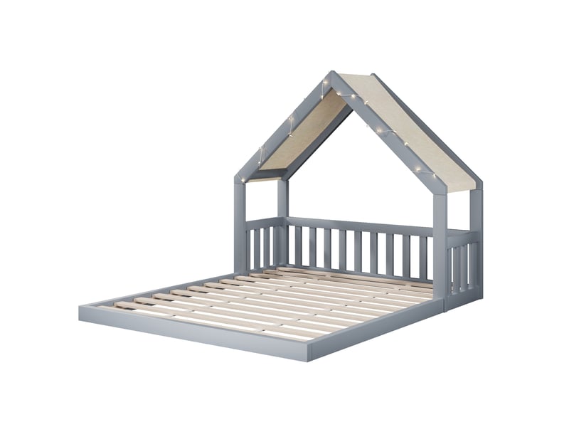 Lit cabane enfant 140x200 cm avec toit en tissu et guirlande lumineuse, gris, sans matelas - Conforama E