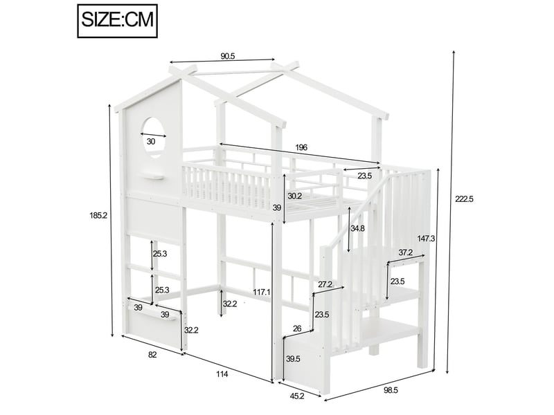  Lit enfant 90 x 200 cm éclairage led lit ado structure de lit mezzanine escalier à compartiments de rangement garde-corps haut structure en fer finition blanche  - Conforama C