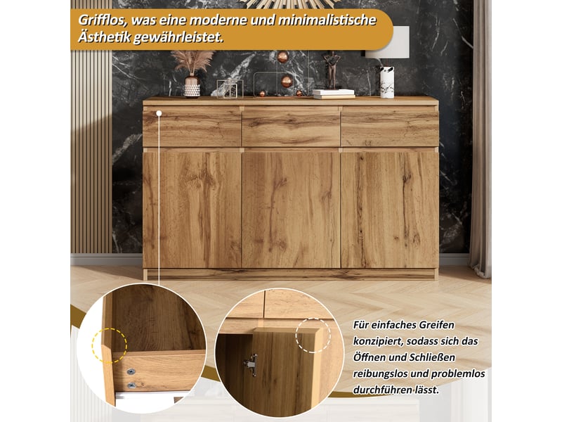  Buffet 135x40x81 cm, meuble de rangement cuisine avec 3 portes et 3 tiroirs, bois naturel  - Conforama D