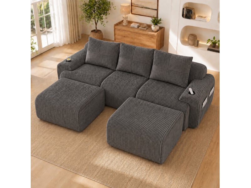  Canapé modulable 3 places 268x174x80 cm avec porte-gobelet et poche, gris foncé  - Conforama B