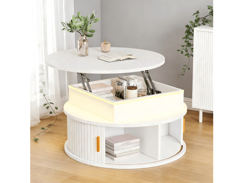  Table basse ronde relevable led avec 5 rangements et 2 portes enroulables pour salon, mdf blanc, 75 × 75 × 52 cm  - Conforama B